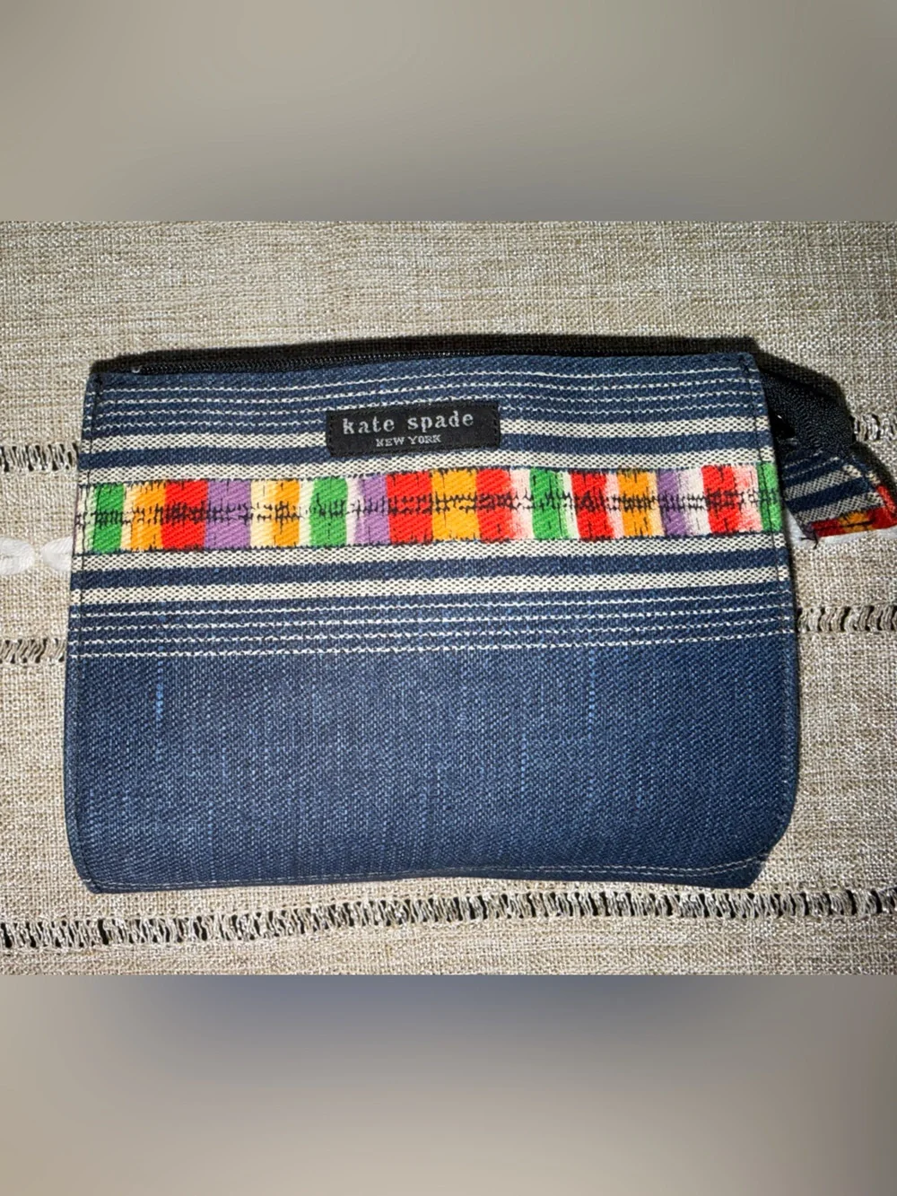 kate spade Navy Striped Canvas Pouch with Multicolor Embroidered Band